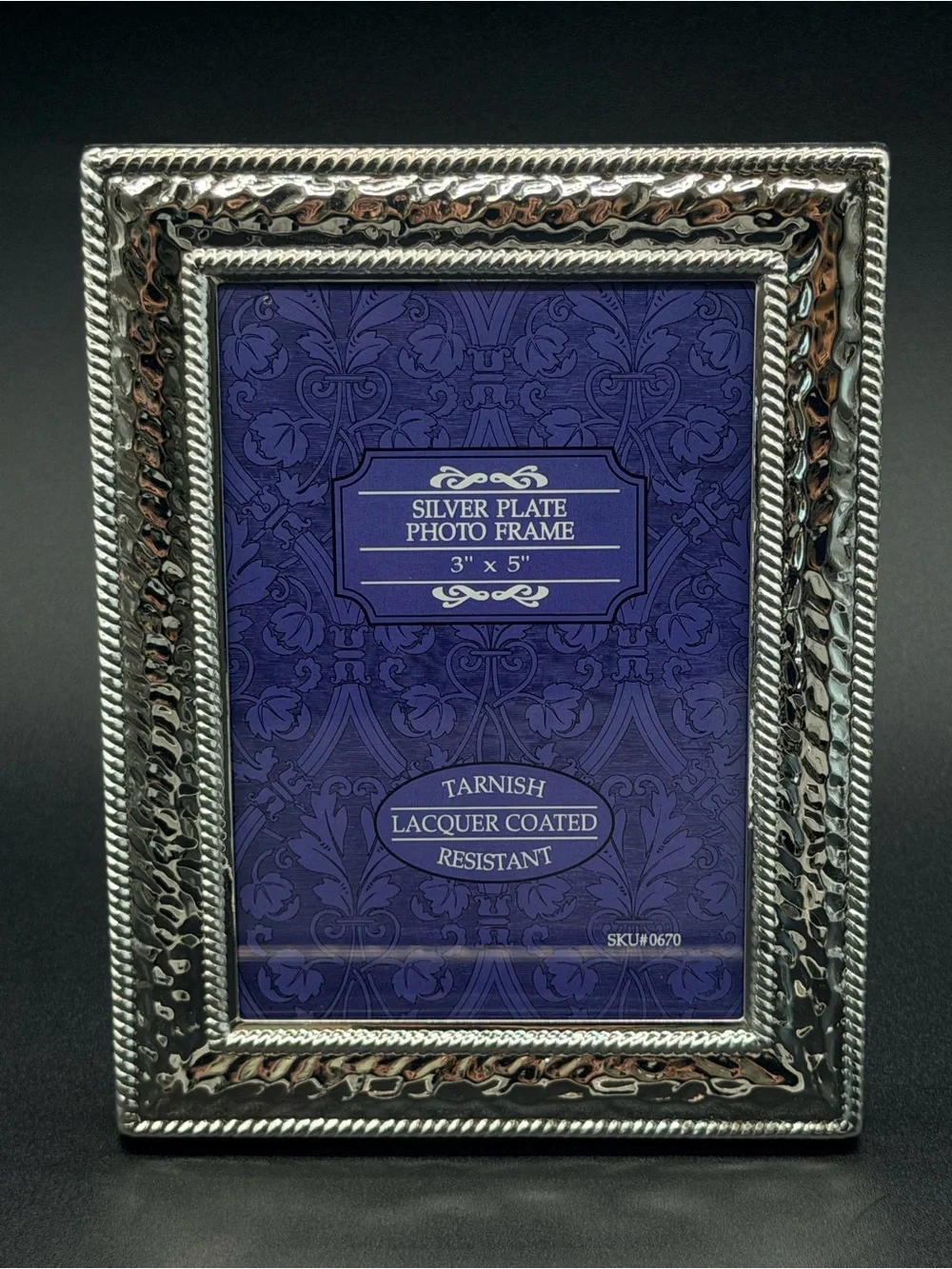 NIB Silver Plated 3x5 Photo Frame Hammered Metal Rope Trim Elegant Tabletop